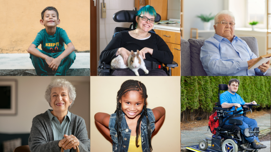 6 fotos de personas mayores, niña, niño y mujer y hombre con parálisis cerebral