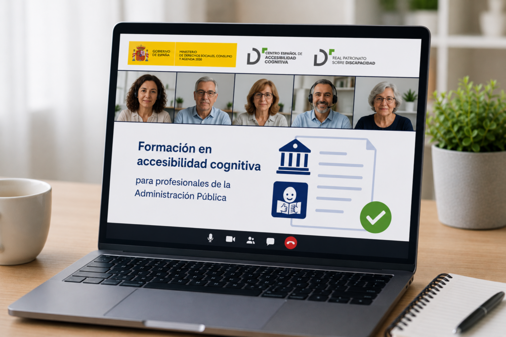 Portátil con una formación online sobre accesibilidad cognitiva para profesionales de la Administración Pública, con participantes en videoconferencia y logotipos institucionales del CEACOG, el Real Patronato sobre Discapacidad y el Gobierno de España.