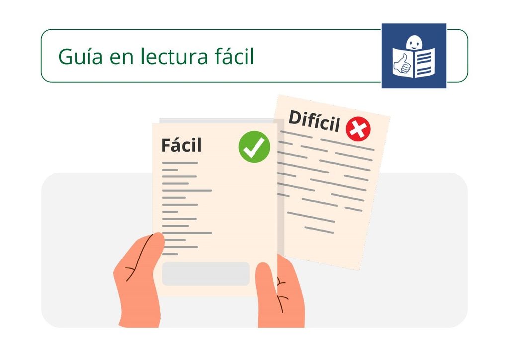Ilustración de dos documentos: uno fácil de entender, con una marca verde de aprobación, y otro difícil, con una cruz roja. Unas manos sostienen el documento fácil. En la parte superior aparece el texto «Guía en lectura fácil» junto al logotipo europeo de lectura fácil.